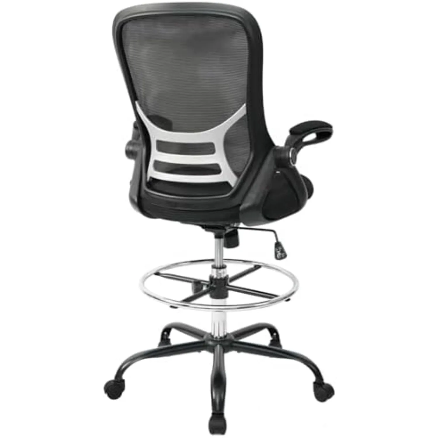 Drafting Chair Tall Office Chair High-Back Mesh Standing Desk Stool with Adjustable Footrest Ring and Flip-Up Arms Black