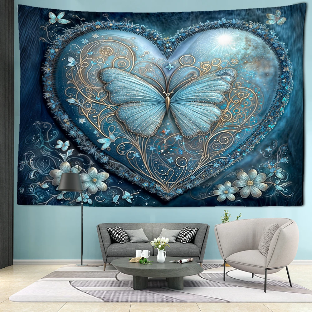 Tapeçaria Blue Love Butterfly, Pendurado na Parede, Arte Retro e Minimalista, Hippie Boêmio, Dormitório e Quarto, Decoração de Casa