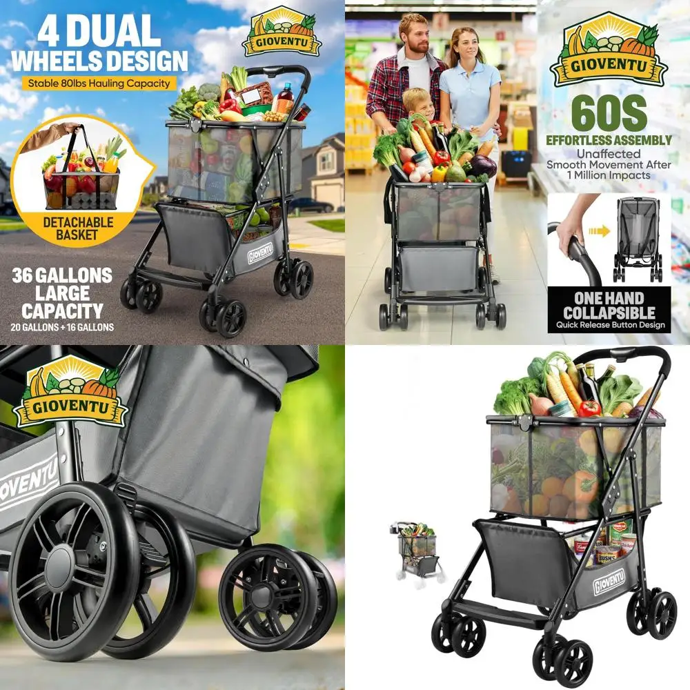 

Усовершенствованная складная тележка для покупок, грузоподъемность 80 фунтов, со съемной корзиной и поворотом на 360° ° Поворотные колеса, складывание одной рукой, портативная тележка для покупок