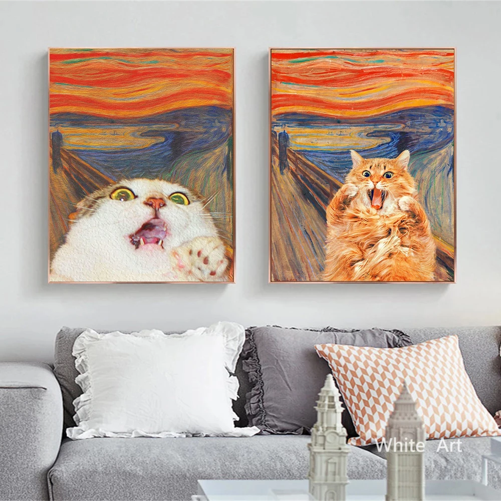 Munch The Scream Poster Funny Cat Animal Canvas Painting HD Printing Modern Wall Art Picture Living Room Bedroom Decoration Gift