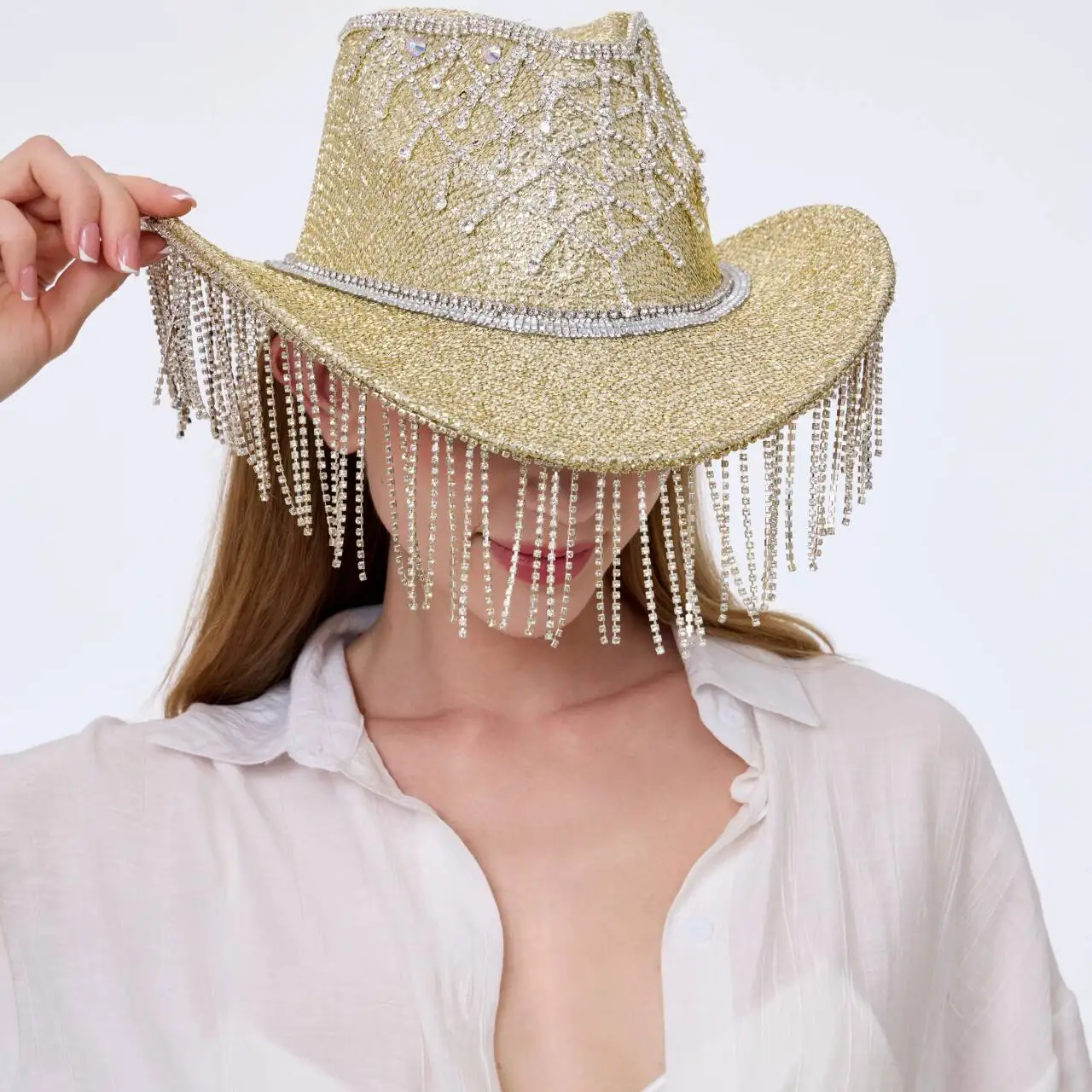 

HongLuan Golden Glitter Costume Hat Adult, Cowboy Hats Rhinestone for Woman, Cowboy Cosplay Female Accessories & Cowgirl Cap