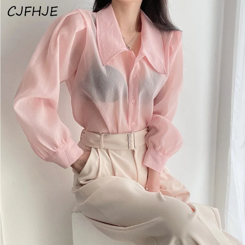 

CJFHJE New Women's Solid Color Square Neck Loose Shirt Spring Korean Fashion Sweet Slightly Transparent Long Sleeved Women Shirt