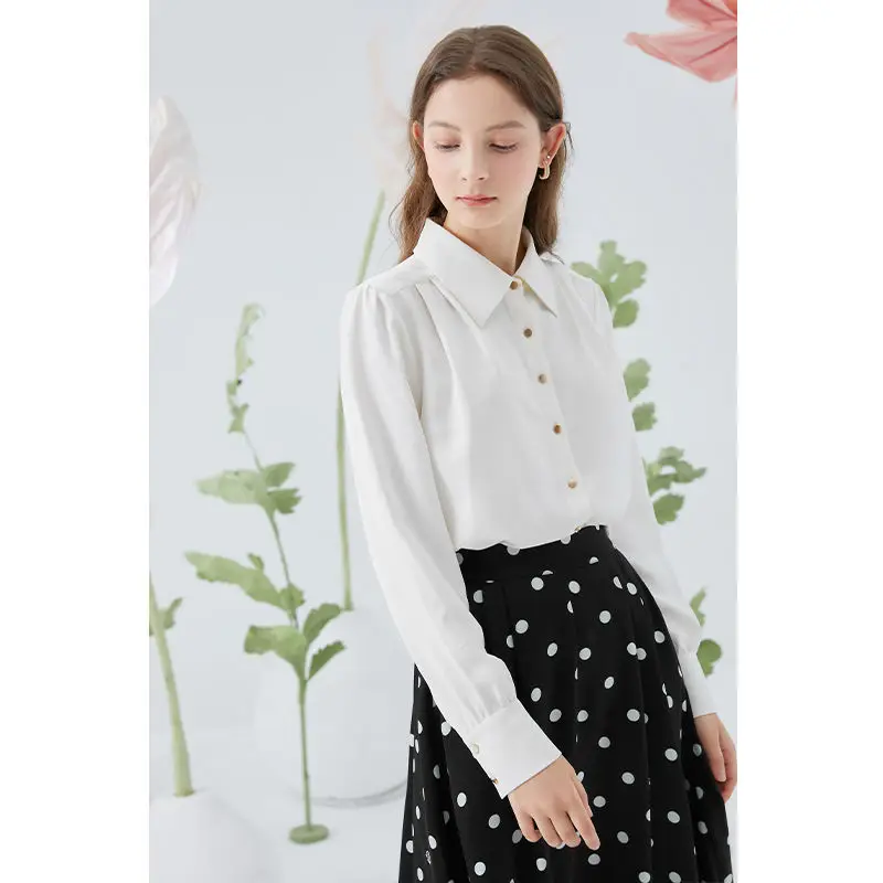 Fashion White Office Single-breasted Blouse Women Classic Long Sleeve Polo Collar All-match Loose Temperament Lady Shirt