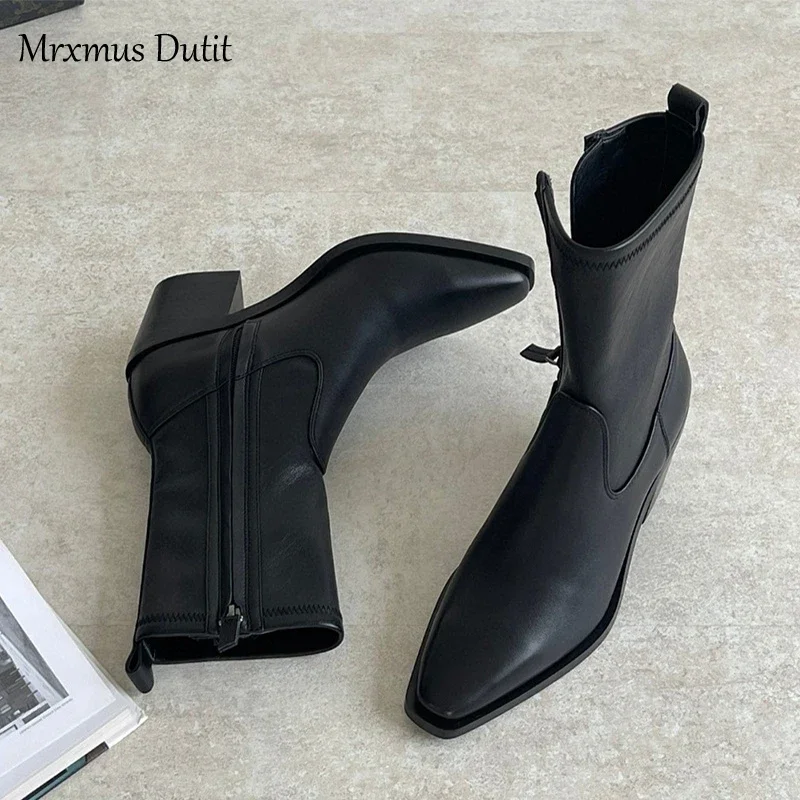 Mrxmus Dutit 2024 Women New Autumn Winter Genuine Leather Rough Heel Pointed Head Boots Shoes Simple Fashion Shoes Female Chic