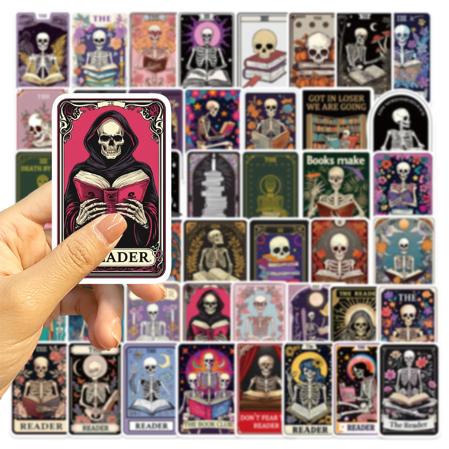 10/30/50PCS Cartoon Skull Reading Tarot Cards Sticker DIY Decoration PVC Waterproof Skateboard Notebook Graffiti Toy