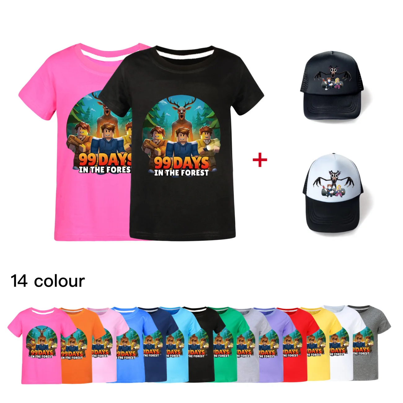 

New 99 Nights In The Forest Children Tshirt +hat Girls Short-sleeved T-shirt Baby Caps Shirts for Teenage Girls Kids Tops5073