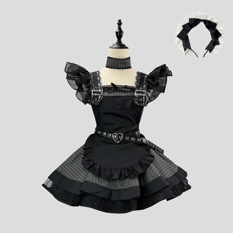 

Vintage Black White Striped Maid Lolita Dress, Kawaii Apron Cosplay Suit, Elegant Gothic Sweet Uniform for Women Anime Party