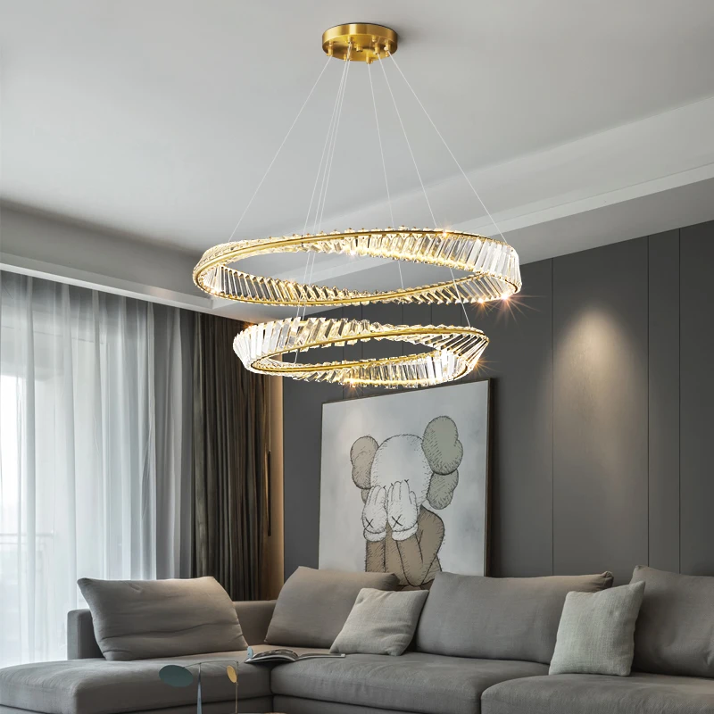 

Crystal Rings Ceiling Lamp Luxury Gold Chandelier Light Modern Bedroom Restaurant DNA Spiral Design LED Lighting Fixtures