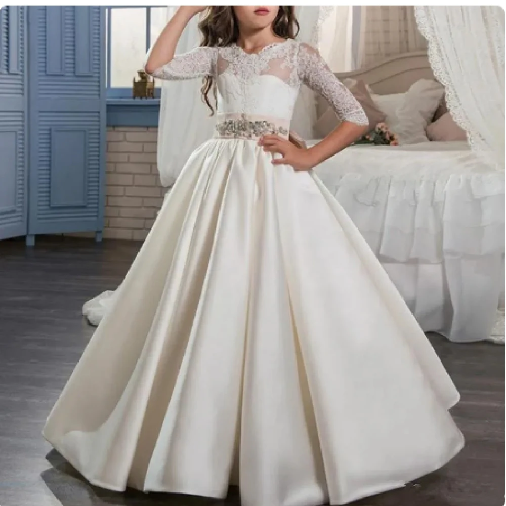 Elegante vestido branco de cetim para meninas, arco aberto para as costas, vestidos para a primeira comunhão, vestidos de festa e baile de formatura