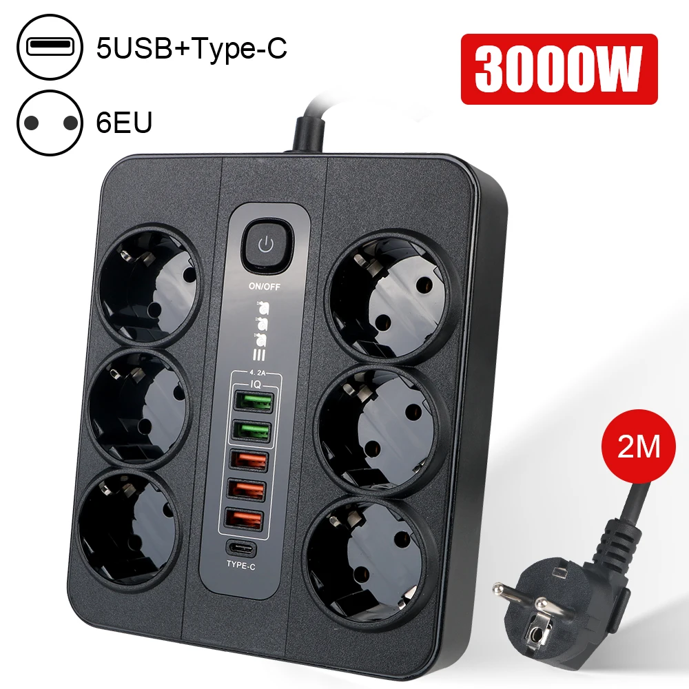 EU Plug With Safety Switch 2M Cable For Office Home Extension Socket 3000W USB Type C Overload Protection Power Strip