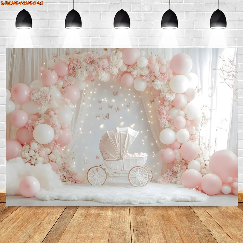 Arrière-Plan de Photographie pour ixPréChristophe, Ballon en Arc Rose, Poussette Papillon, Décorations de ixd'Anniversaire pour Nouveau-Né, Studio Photo