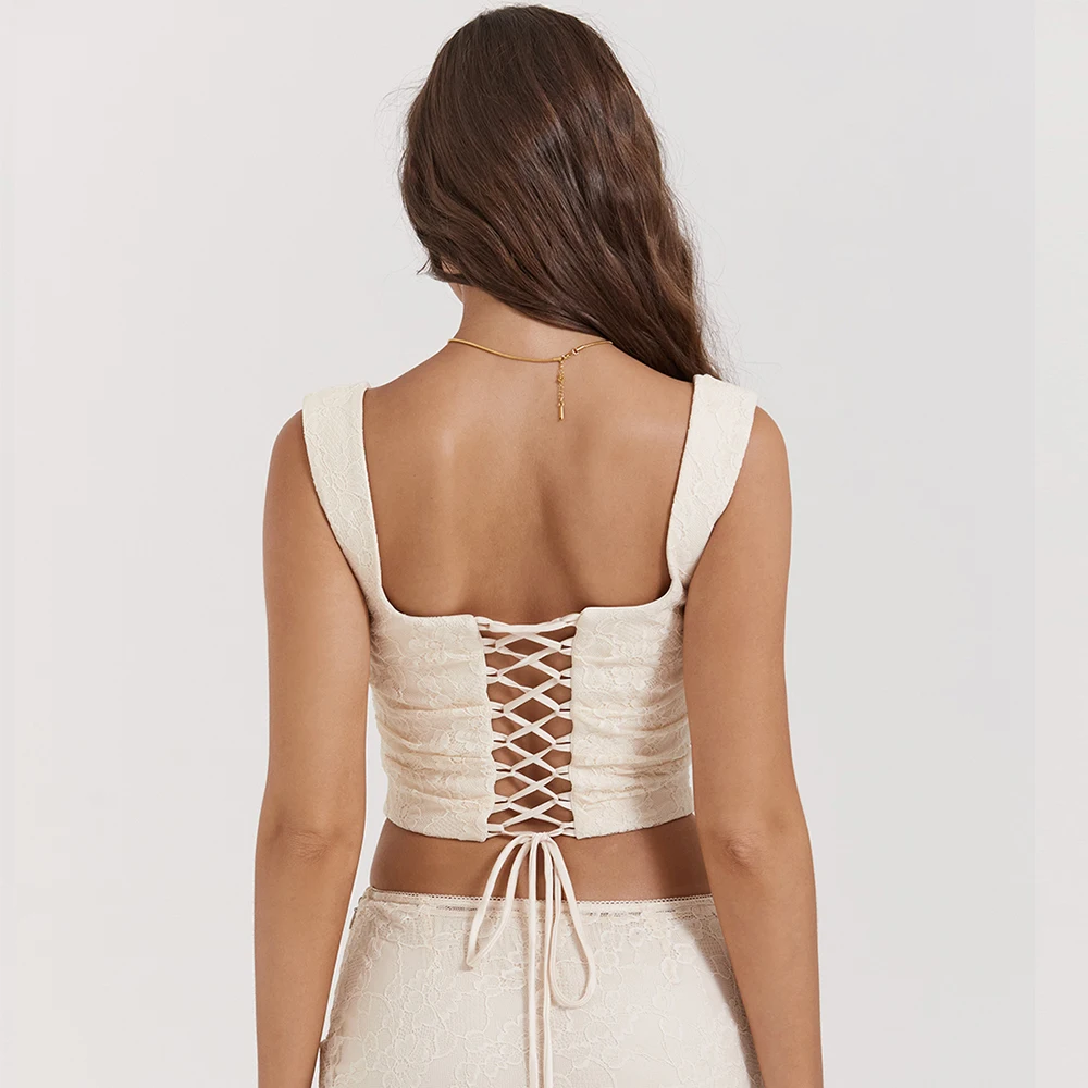 Mingmingxi Summer Lace Up Cropped Top Women 2024 New Arrivals Elegant Sexy Corset Top Short Beige Causal Female Blouse