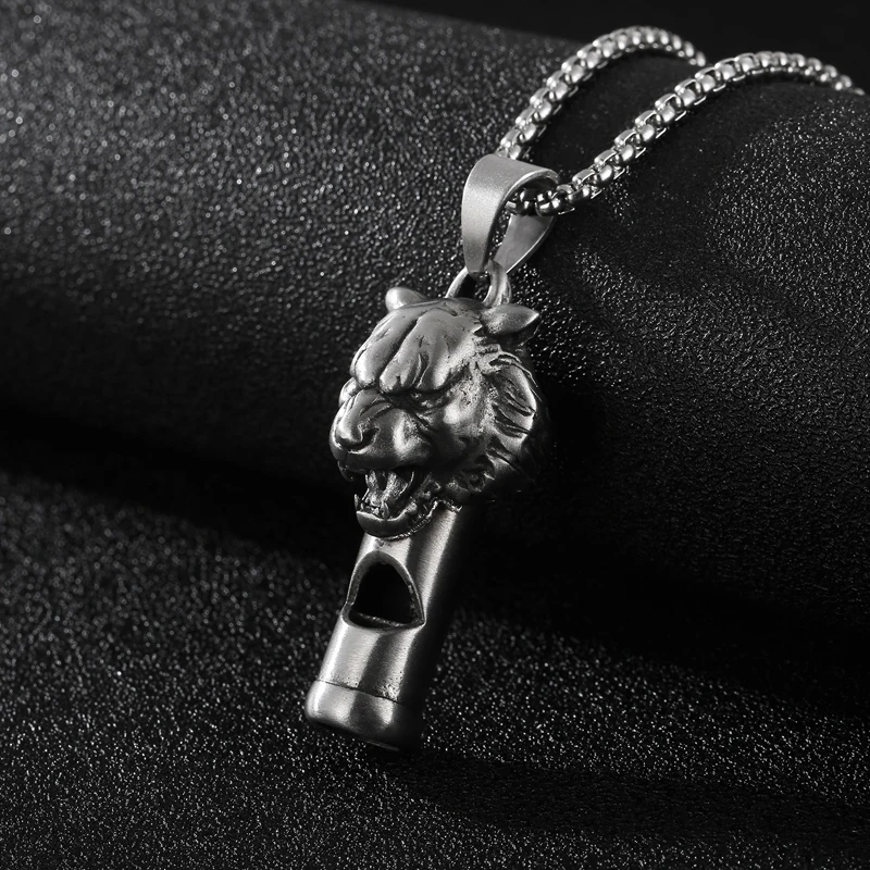 Whistle Pendant Necklace Biker Lion Charm Pendants Stainless Steel Rolo Chain 24 Inch for Mens Gifts