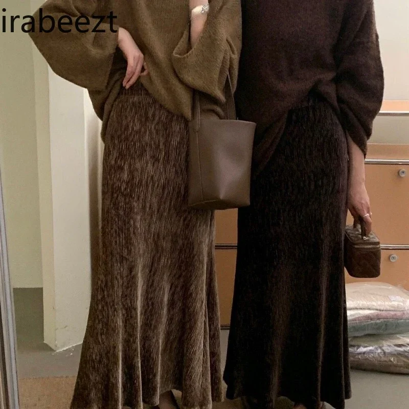 Irabeezt Ins Fishtail Skirt Solid Loose Casual Vintage Korean Style Straight A-line Skirt Thin Winter Pure Sexy Female Clothing