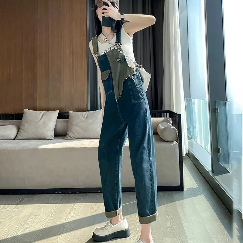 Retro Workwear Denim Overalls Women, New Fashion Spring Summer High Waist Loose Denim Jumpsuits Female, Casual Wide-leg Trousers