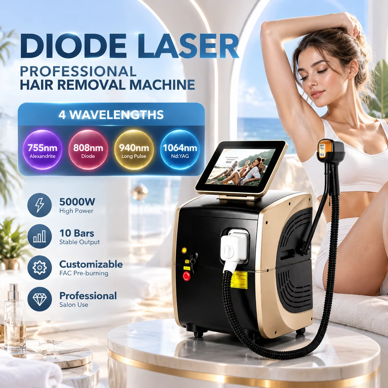 10/16 Bars Fac Diode Laser Hair Removal Machine Ice Titanium Profession Laser Painless Permanent Hair Removal Commercial Machine