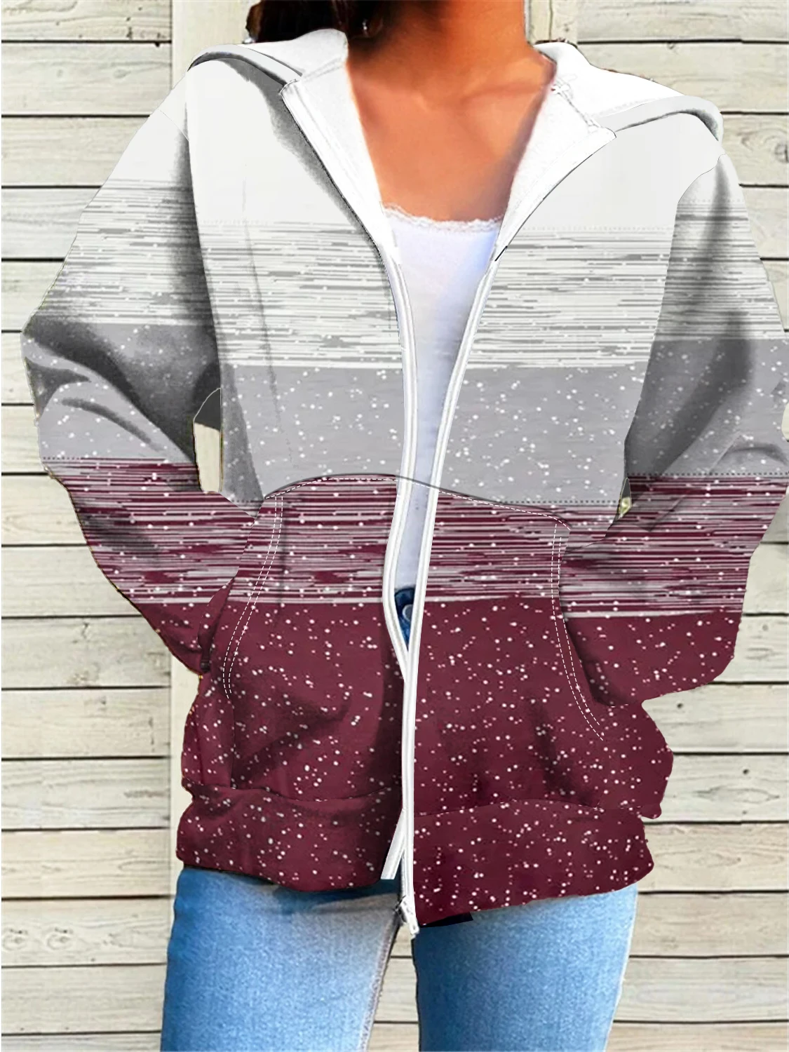 Women Zip Up Hooded Sweatshirt, Long Sleeve Gradient Print Hoodie Jacket, Loose Casual Fall Winter Outerwear Tops