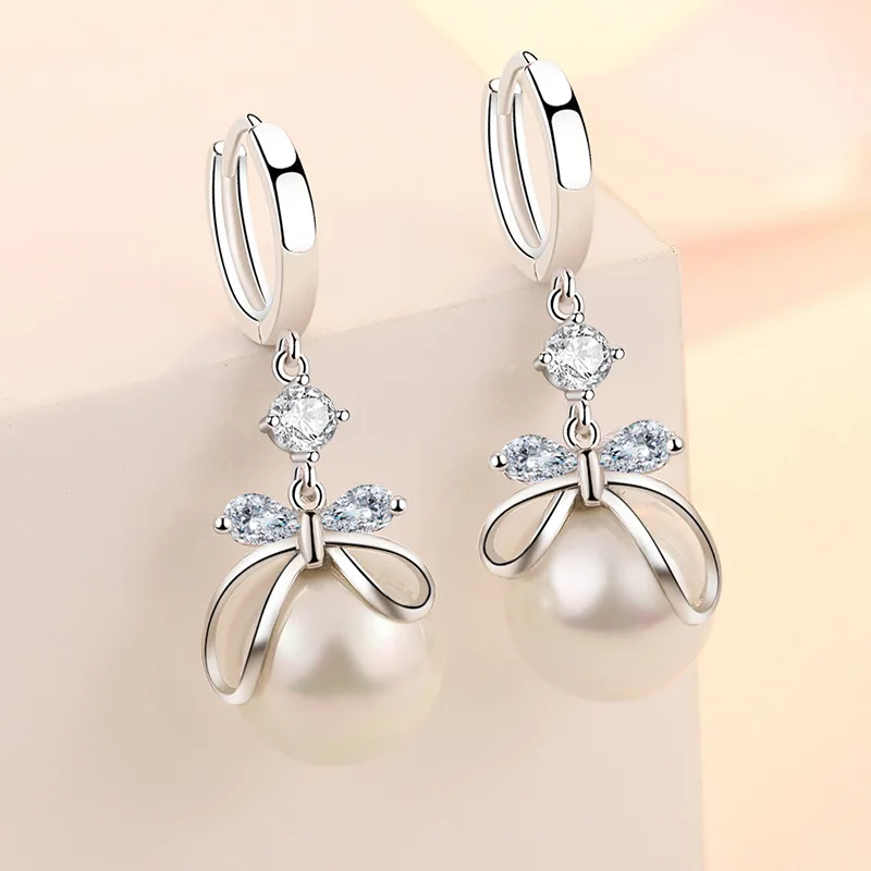 Elegant Pearl Earrings For Women Romantic 925 Silver Bow Ear Buckle Shiny Zircon Earring Girlfriend’s Cute Gift KOFSAC