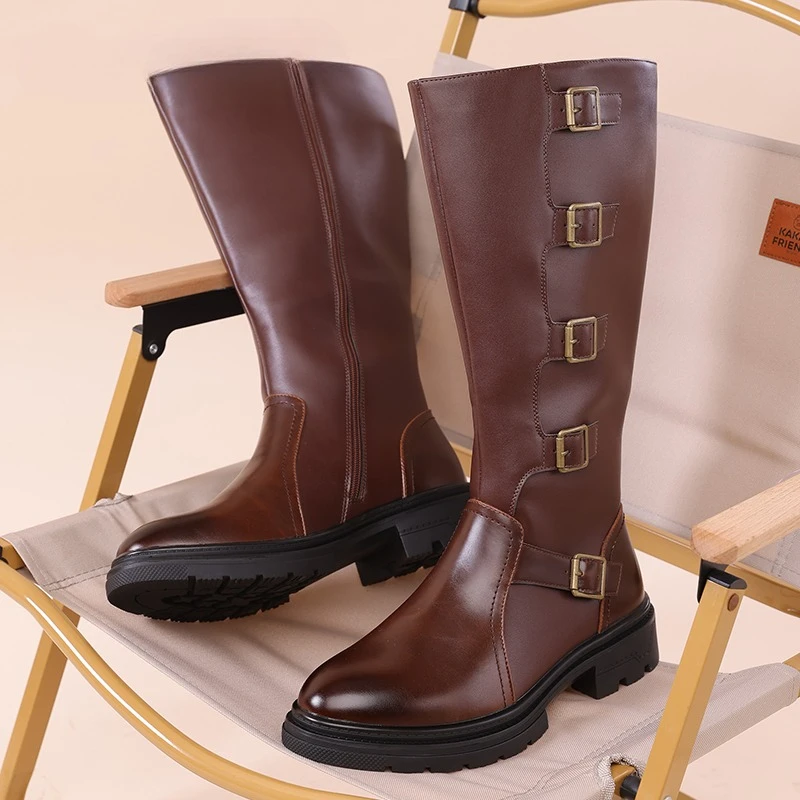 

Men High Top Boots PU Thick Sole Round Toe Trendy Belt Buckle Classic Men Boot Sizes 39-48