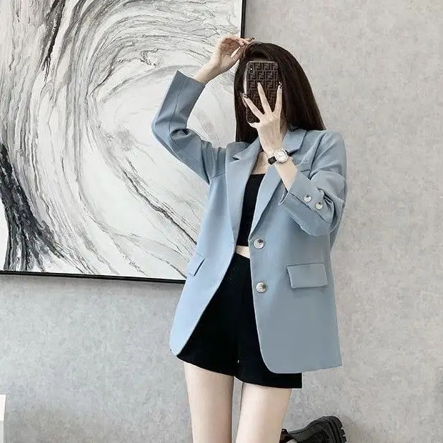

Long Blazers Woman Stylish Plaid Blazer Lapel Double-Breasted Notched Collar Office Lady Autumn Elegant Outwear Vintage Blue