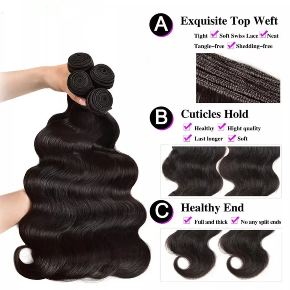 Human Hair Bundles Natural Color #1B Body Wave Brazilian 100% Real Human Hair Extensions For Woman 1/3 Bundles 26 28 30 Inches