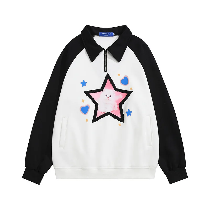 Vintage Men's Stars Print Spliced Sleeve Black Sweatshirts High Street Fashion Casual Youth Couple Hip Hop Streetwear Preppy