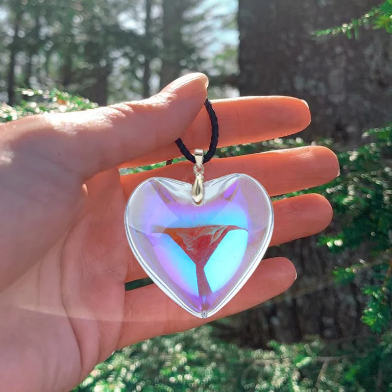 Unique Clear White gradually-changed color Crystal Glass Heart Pendant & Chain Necklace Angel Aura rainbow heart necklace