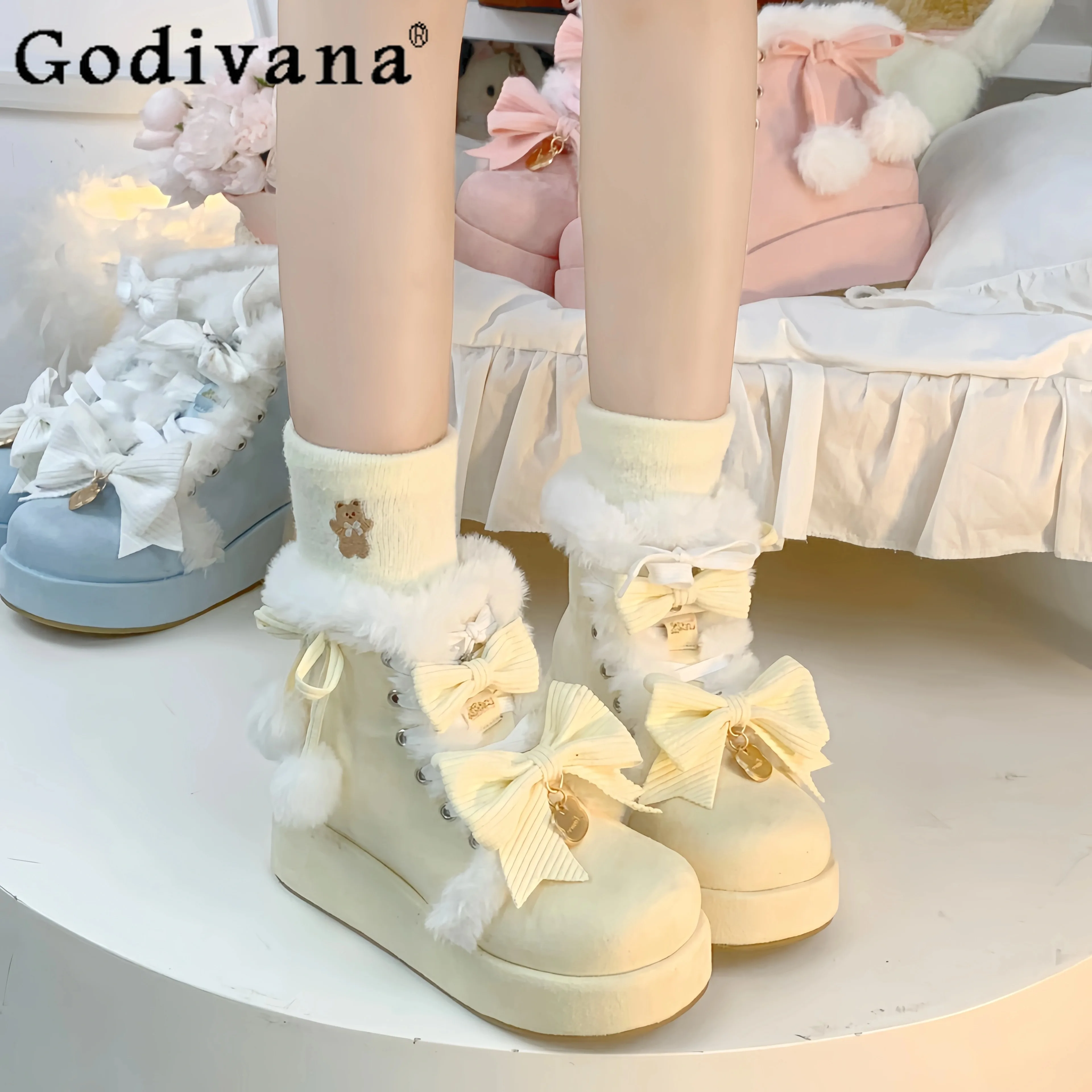 

Sweet Bow Lolita Snow Boots Thick-soled Velvet Warm Cute Student Kawaii Cotton Boot Women's Shoes