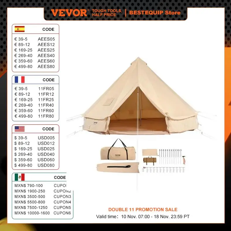 VEVOR Canvas Bell Tent 4 Seasons 3/4/5/6/7m Yurt Tent Canvas Tent for Camping with Stove Breathable Tent Holds up to 8 People 