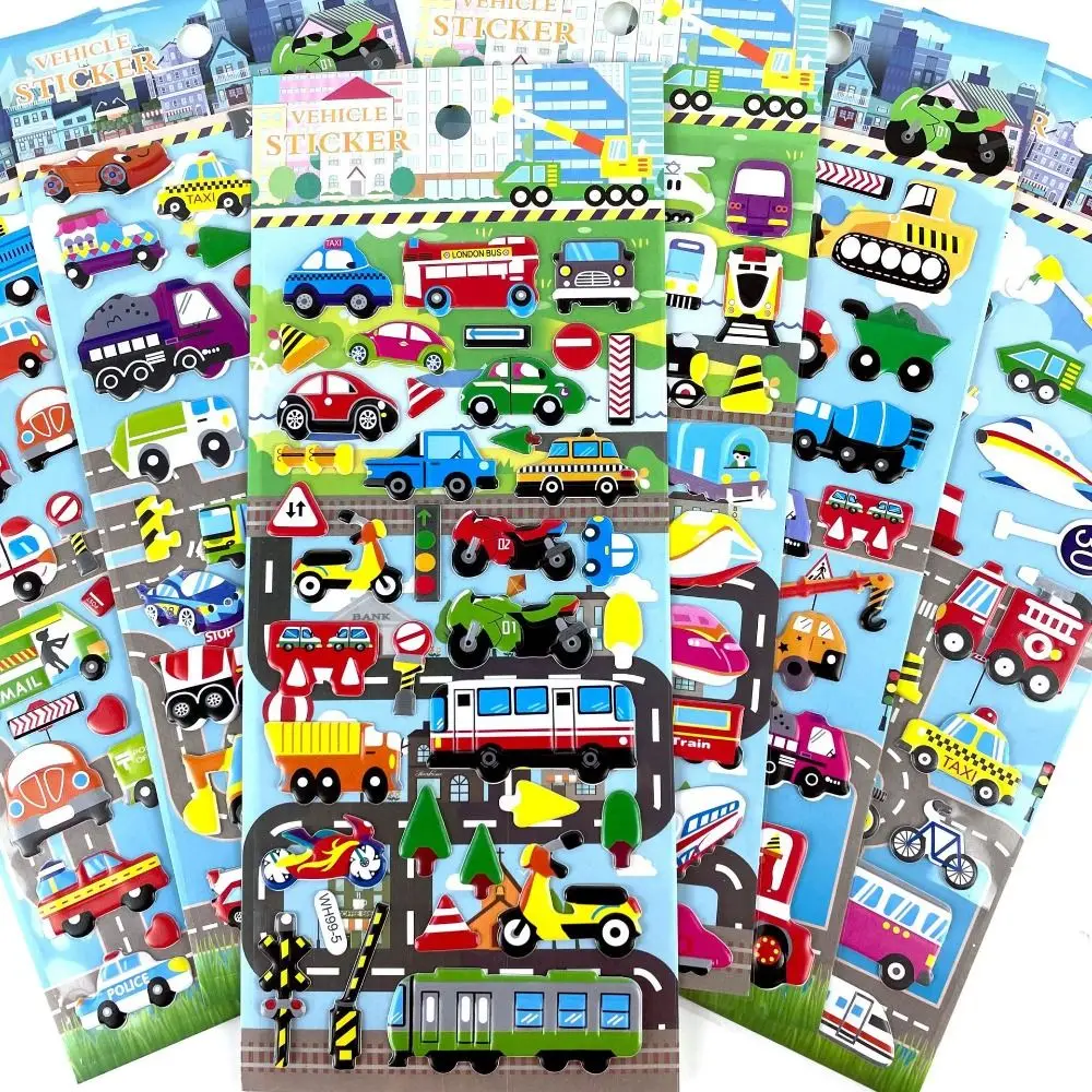 5 Sheets 3D Bubble Sticker Car Truck Plane Traffic Waterproof Cartoon Anime Stickers For Girl Boy Kids