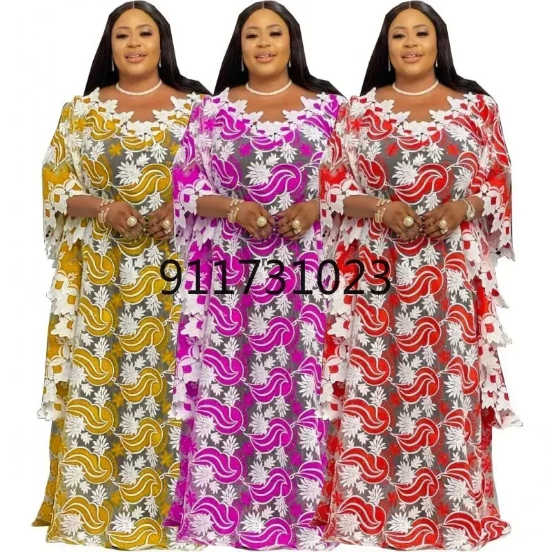 New African Dashiki Fashion Loose Embroidery Long Dress African Maxi Dress For Women African Clothes Elegant Lace Dresses