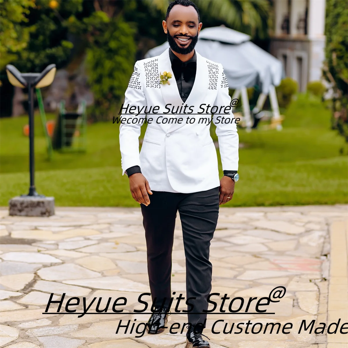 

Luxuly White Double breasted Groom Wedding Tuxedos Customized Slim Fit Shawl Lapel Party Men Suits Fashion 2Pcs Sets Ropa Hombre