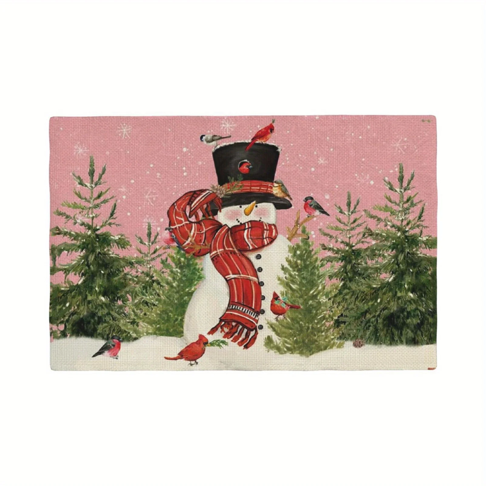 1pcs Pink Snowman Cardinals Trees Christmas Placemats ,Seasonal Winter Birds Xmas Holiday Rustic Vintage Washable Table Mats