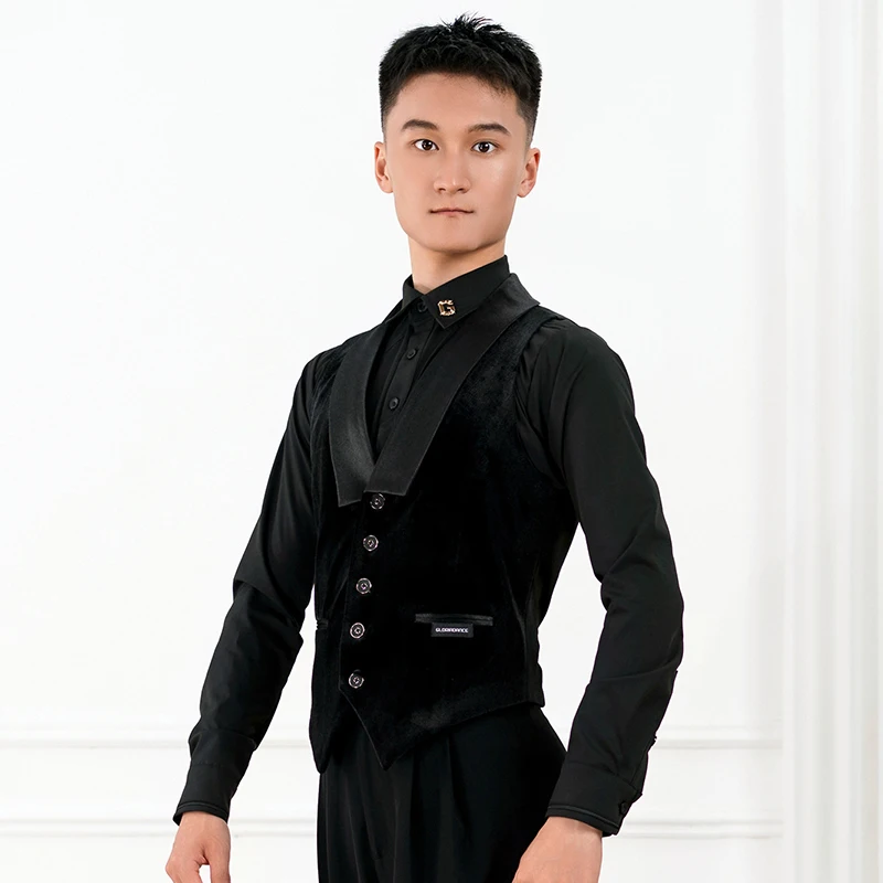 2026 Men Latin Dance Top Black Velvet Waistcoat Male Ballroom Modern Dance Performance Show Costume Male Dancer Vest VDL5598