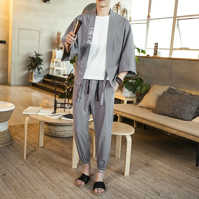 Two piece set （Shirt +Pants） Men Japan Style Embroidery Linen Cotton Shirt Mens Casual Loose Pants Retro Kungfu Tai Chi Trousers