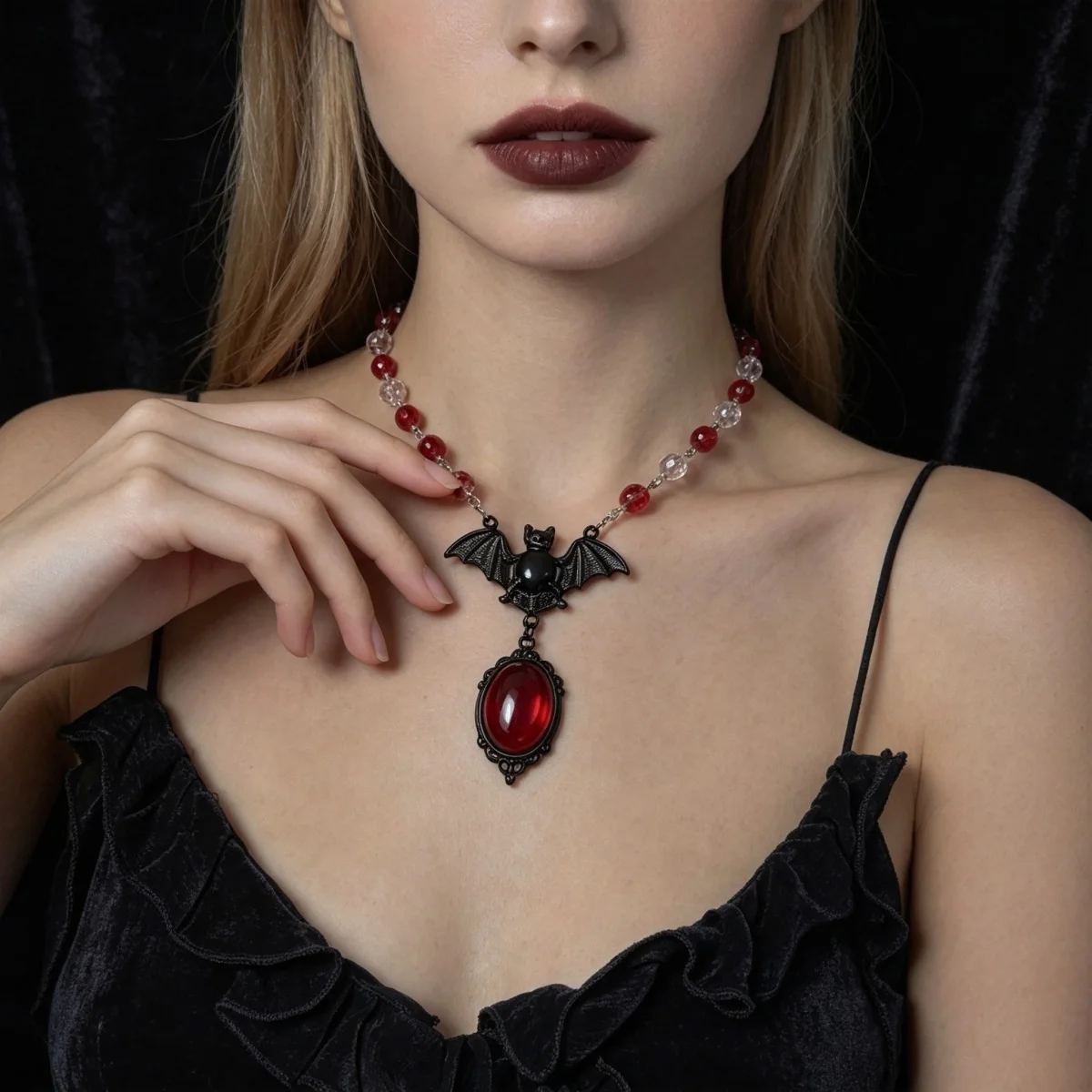 Kreative Gothic-Halskette mit rot-weißem Kristallperlen-Fledermaus-Anhänger für Damen und Herren, Halloween-Punk-Flugfledermaus-Choker, Cosplay-Party-Schmuck – Detail 9