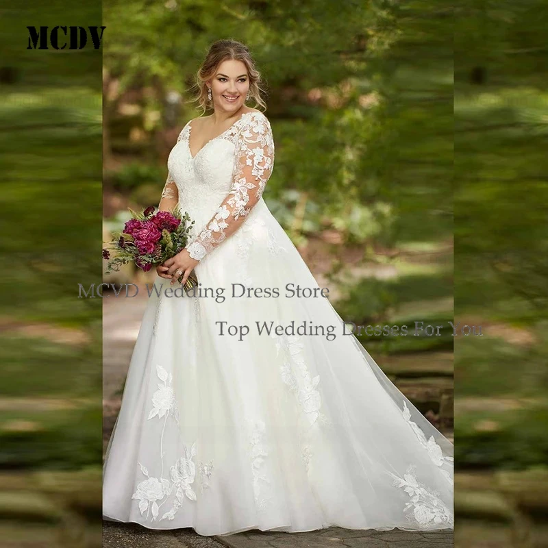 

MCDV 2025 Long Sleeve Plus Size Wedding Dress Customized Floral Lace A Line Elegant Organza Bridal Dress Civil