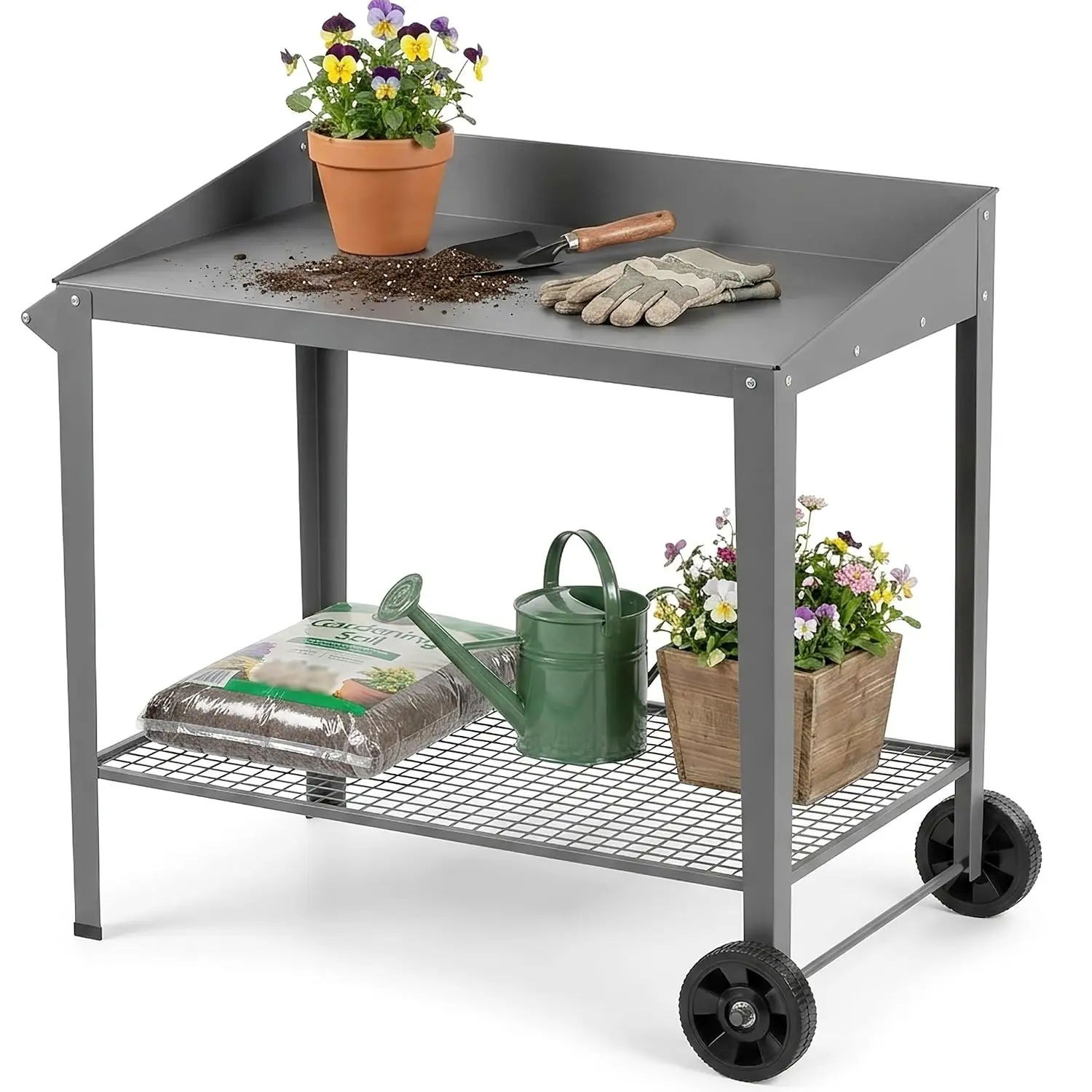 Outdoor Metal Potting Bench with Wheels, Storage Shelf, Dark Gray, Customized