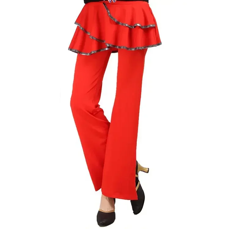 2024 Women Fake Two Piece Dancing Skirt Pants Square Dance Pants Silk Latin Dance Practice Pants Women  Divided Skirt Z396