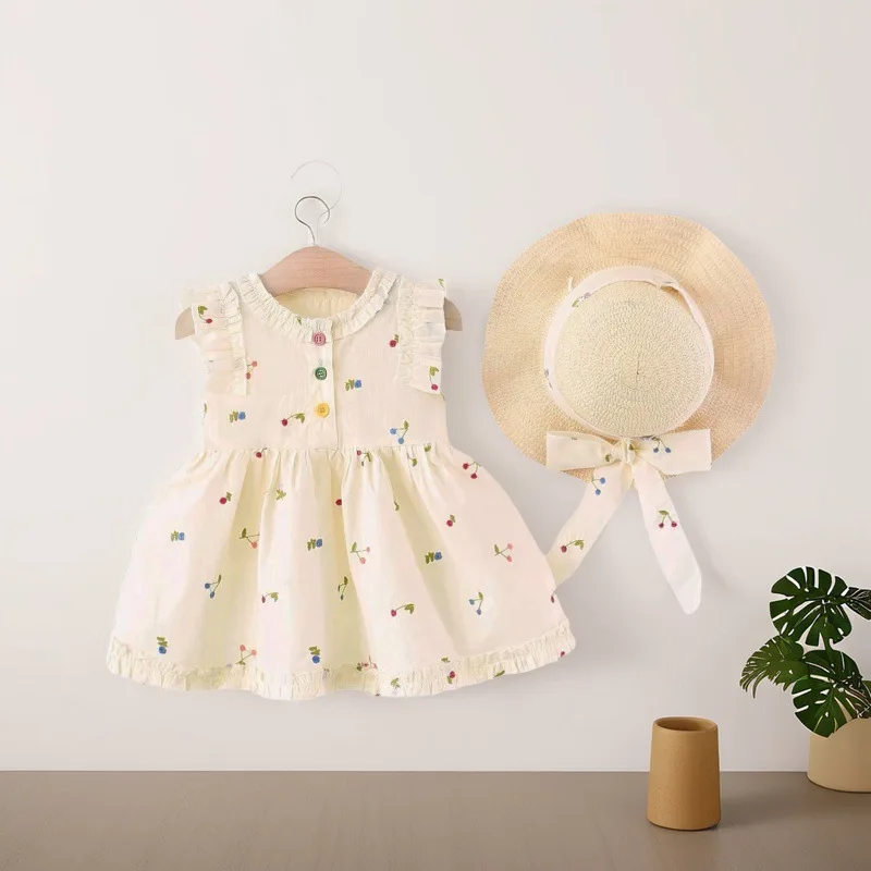 

Baby Girl Dress Summer Floral Pattern Ruffled Design Sleeveless Gentle Baby Dresses Cute Simple Beach Girls Dress With Hat