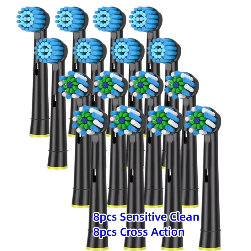 Black Replacement Brush Heads for Oral B Braun Electric Toothbrush, 16 Count with 8 Cross Clean, 8 Sensitive Clean
