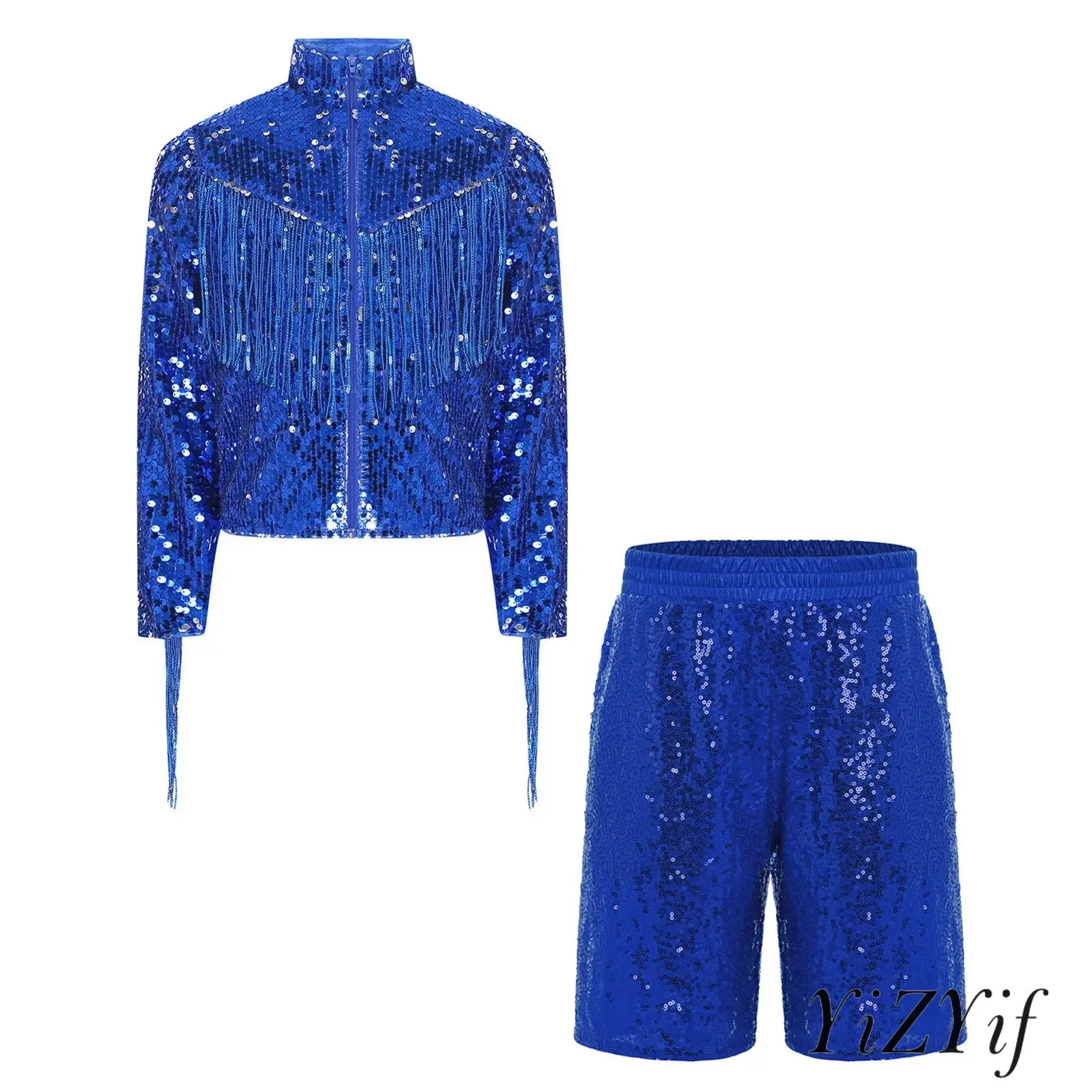 boys-jazz-dance-costume-glittery-sequin-mock-neck-long-sleeve-front-zip-tassel-jacket-with-matching-pocket-shorts-streetwear
