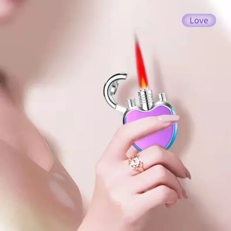 Portable Creative Fashion Metal Love Butane Gas Lighter Cool Red Flame Ladies Cigarette Gadget Men's Gift Small and Cute