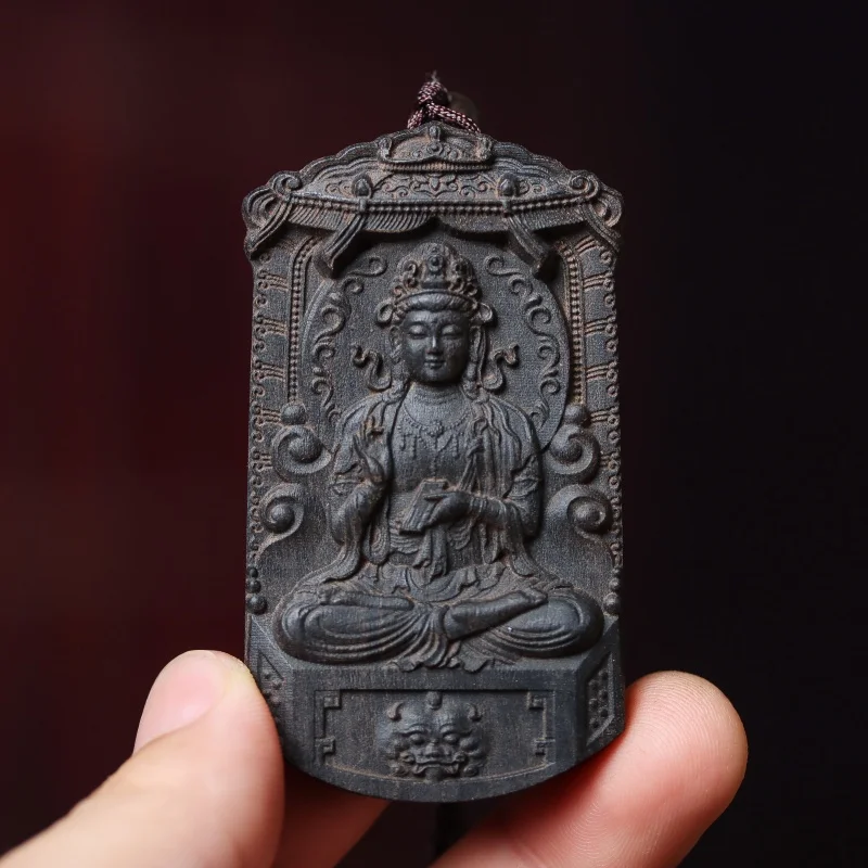 

Vintage wood carving guardian deity of the twelve zodiac Manjusri Bodhisattva Buddha statue talisman hanging ornament