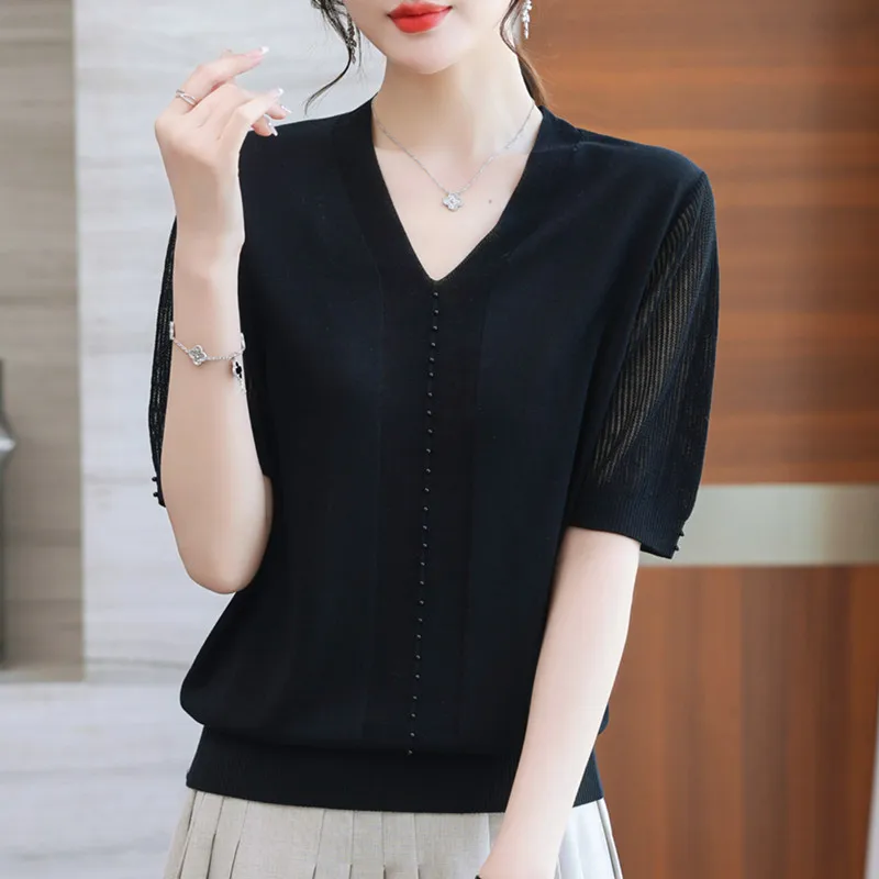 2024 Elegant Fashion Harajuku Slim Fit Female Clothes Loose Casual All Match Knitwear Solid V Neck Insert Short Sleeve T-shirts