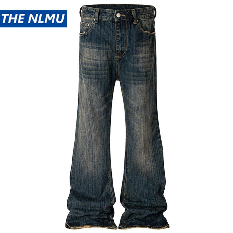 Men's Vintage Blue Denim Pants Washed Retro Flared Jeans Trousers