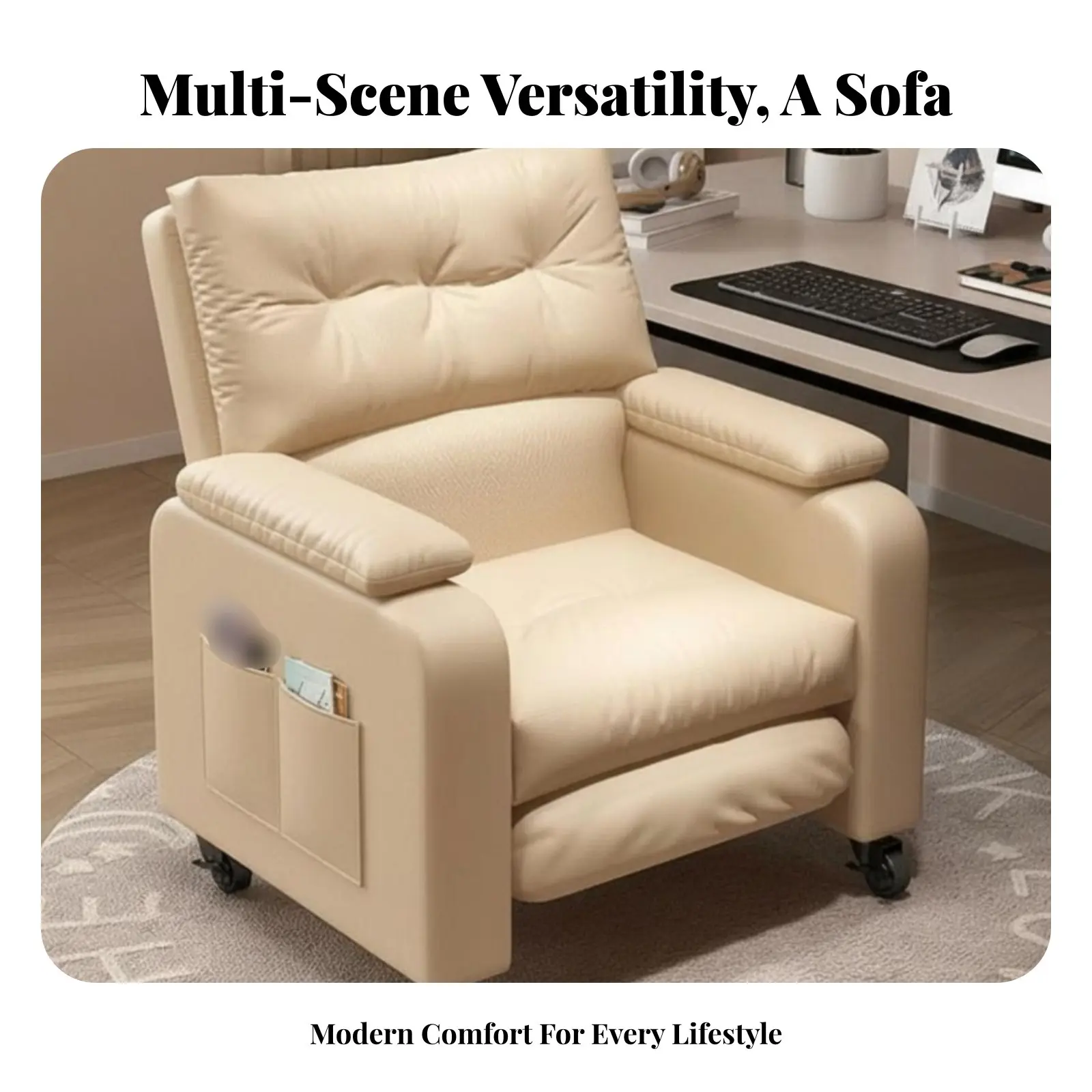 Pushrear Recliner Adjustable Rearrest Wheeled Recliner with Footrest Thickly Padded Modern Design for Students, Seniors
