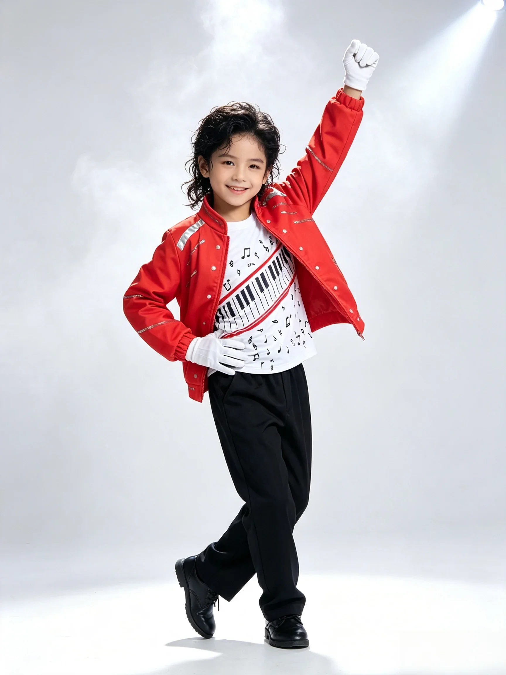Moonwalk Rote Jacke Kostüm-Set für Jungen, T-Shirt mit Klavier-Print, Schwarze Hose für Kinder, Bühnenshow, Halloween, Sänger-Cosplay-Outfit – Detail 3