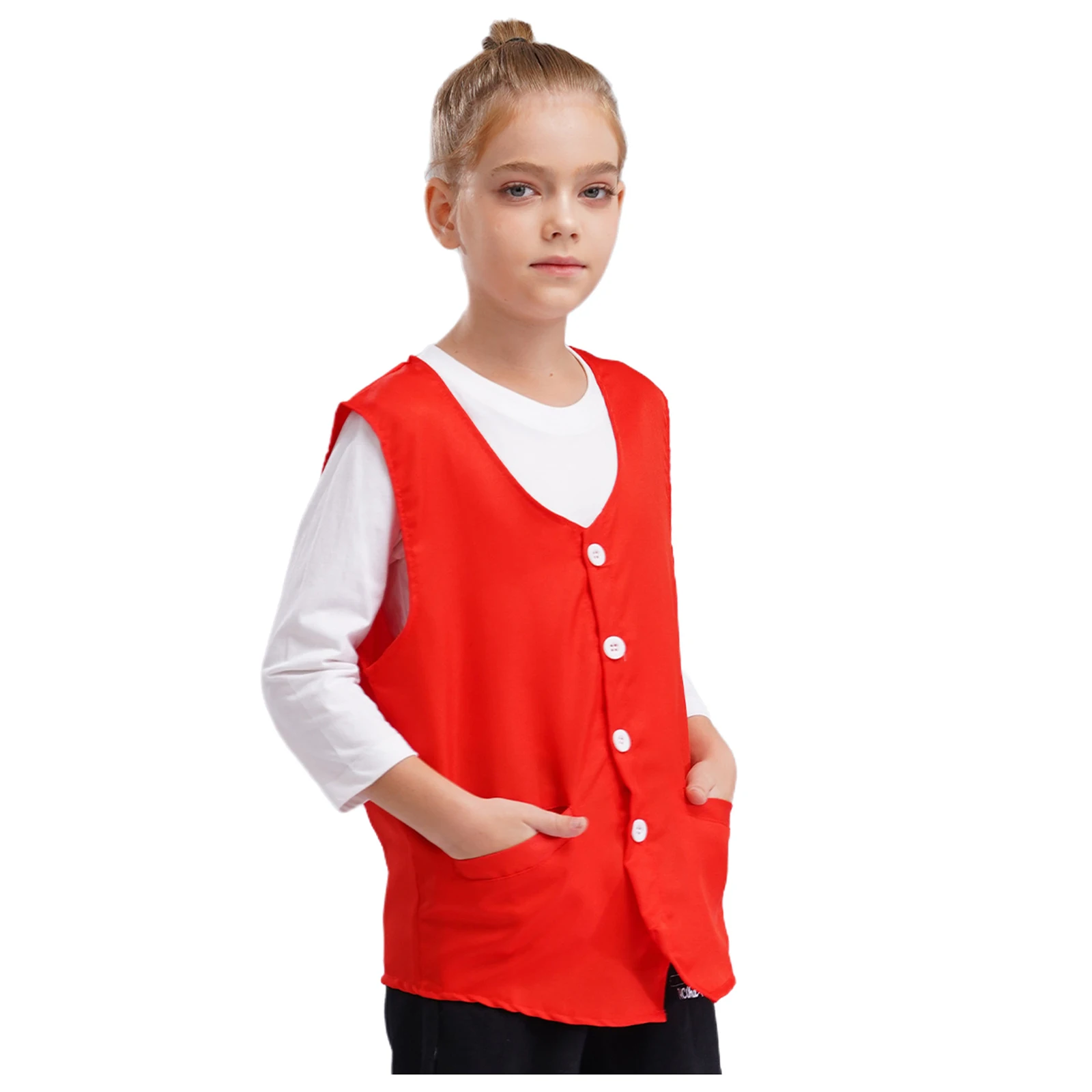 Kids Boys Girls Button Volunteer Vest Solid Color V Neck Sleeveless Waistcoat Volunteers School Camp Activities Uniform