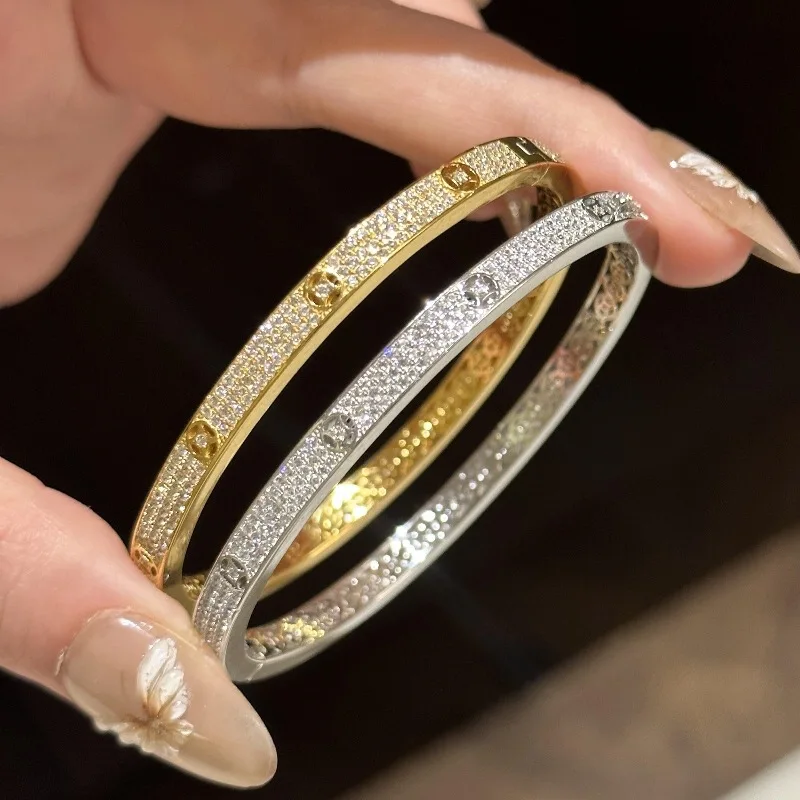 silver 925 Classic Light Luxury Retro Half Circle Full Diamond Shining design Bracelet for women Exquisite Charm bangles Jewelry